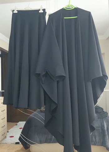 Drapeli Siyah Uzun tok kalın petek kumas etek ve panco - Görsel 5