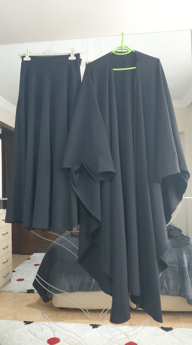 Drapeli Siyah Uzun tok kalın petek kumas etek ve panco - Görsel 5