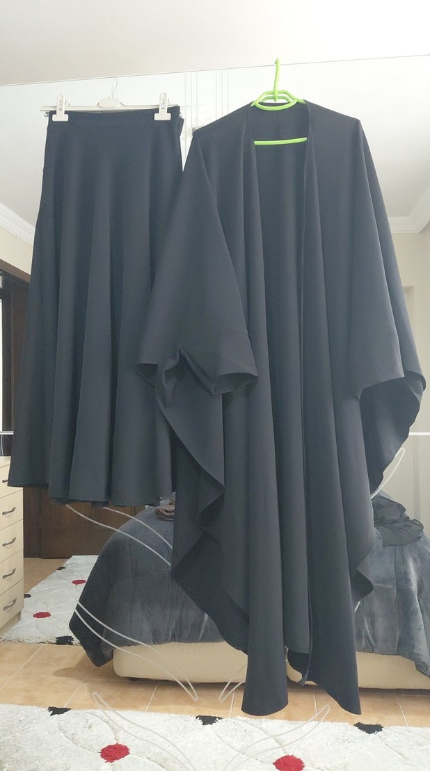 Drapeli Siyah Uzun tok kalın petek kumas etek ve panco - Görsel 2