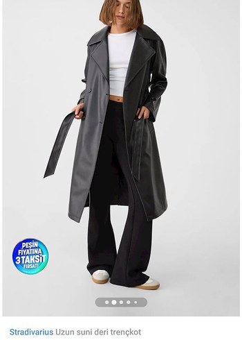 Stradivarius Siyah Uzun Deri Trençkot - Görsel 2