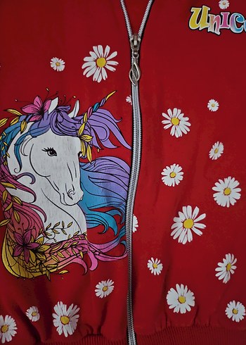 Kız Çocuk Kırmızı Unicorn Baskılı Fermuarlı Sweatshirt - Görsel 2