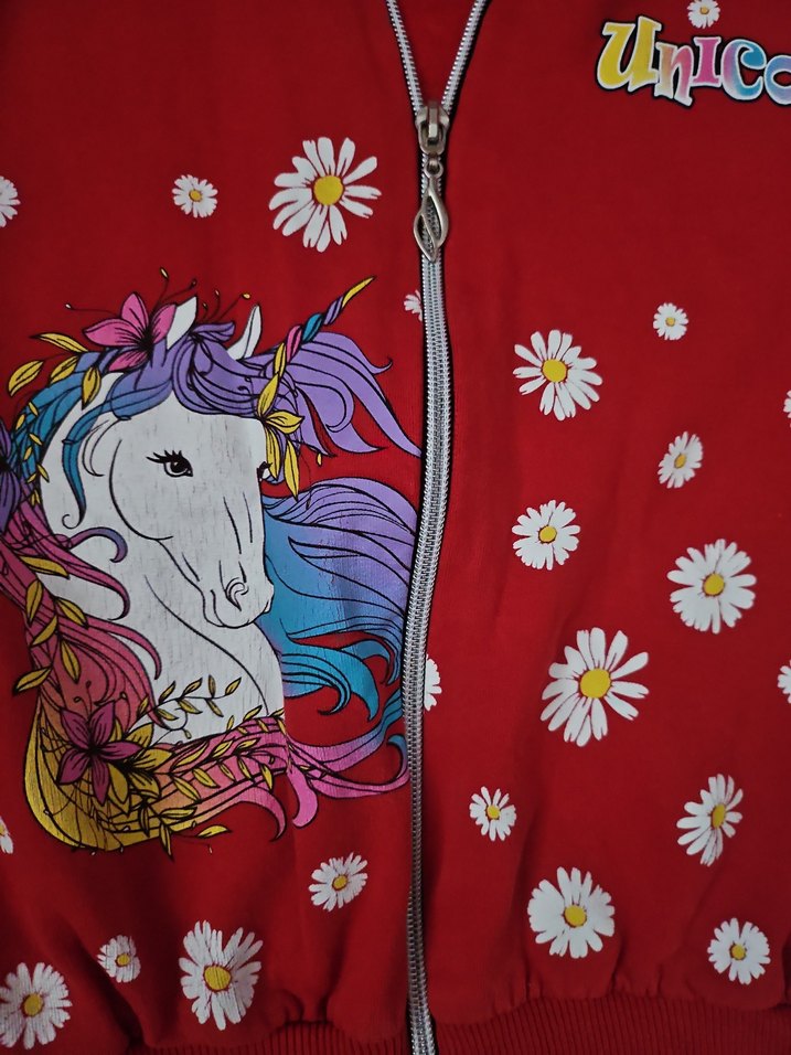 Kız Çocuk Kırmızı Unicorn Baskılı Fermuarlı Sweatshirt - Görsel 2