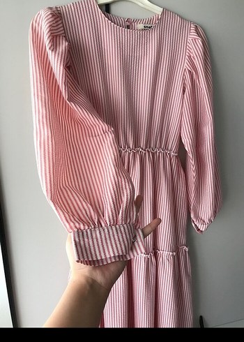 Pembe Çizgili Uzun Bohem Elbise - Görsel 3