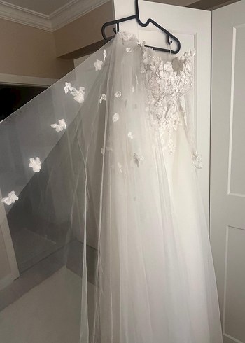 Uzun Kollu Dantel  Beyaz Gelinlik - Görsel 6