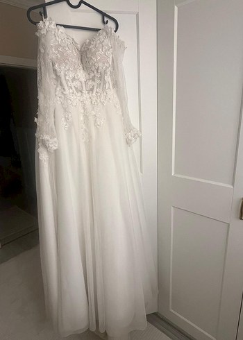 Uzun Kollu Dantel  Beyaz Gelinlik - Görsel 5