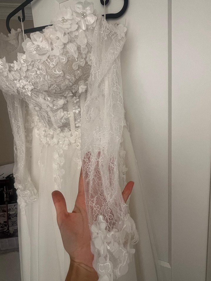 Uzun Kollu Dantel  Beyaz Gelinlik - Görsel 2