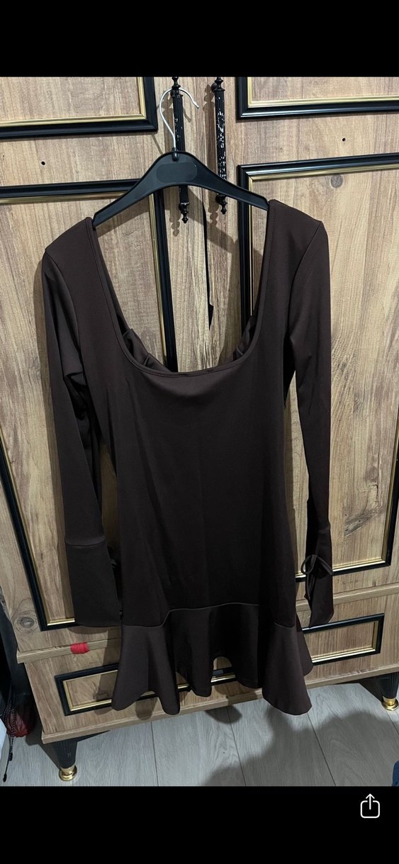 Uzun Kollu Kahverengi Midi Elbise - Görsel 2