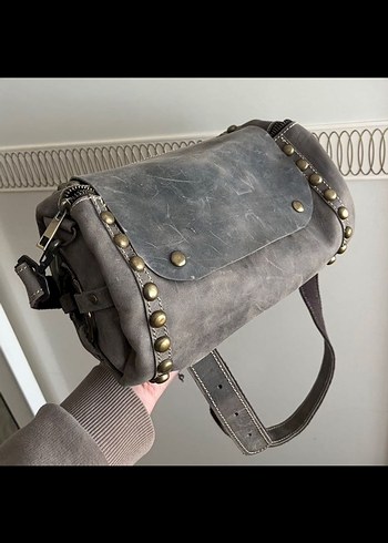 Gri Özel Yapım Hakiki Deri Kemerli Çanta - Görsel 2