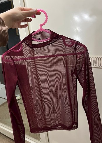 Bordo Transparan Balıkçı Yaka Kadın Bluz - Görsel 4