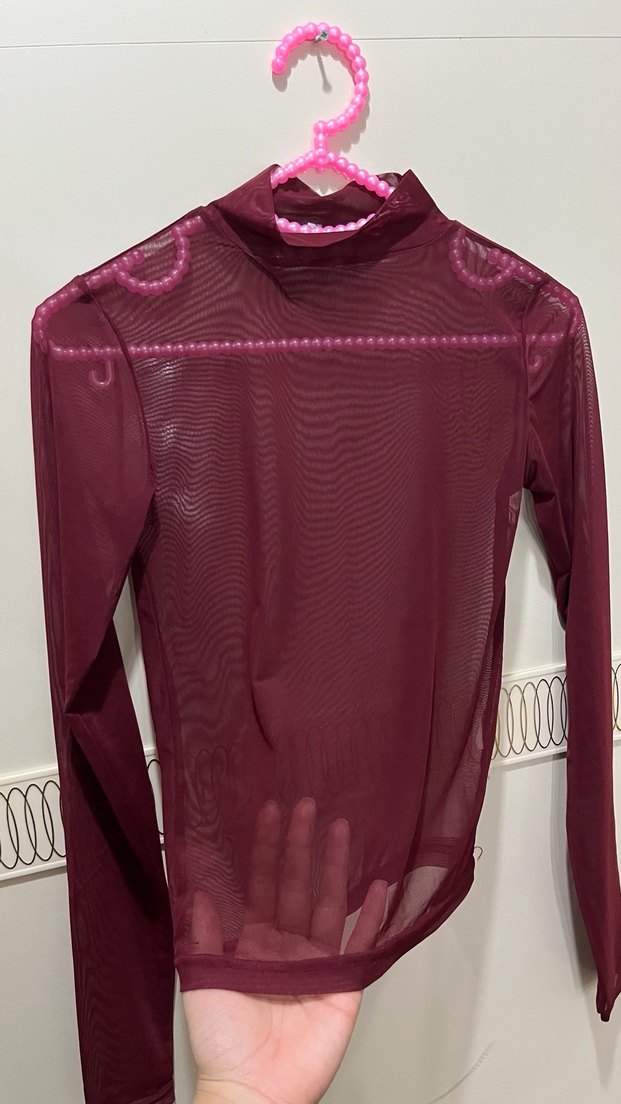 Bordo Transparan Balıkçı Yaka Kadın Bluz - Görsel 2