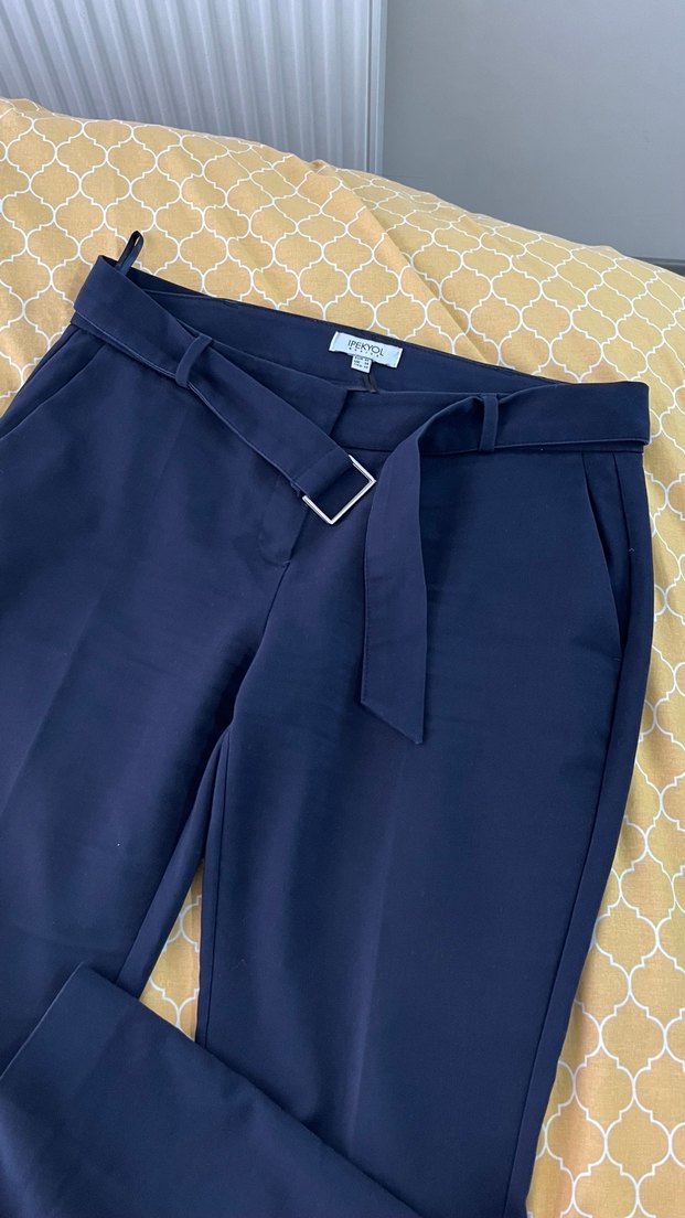 İPEKYOL Kemerli Mavi Kadın Kumaş Pantolon - Görsel 2