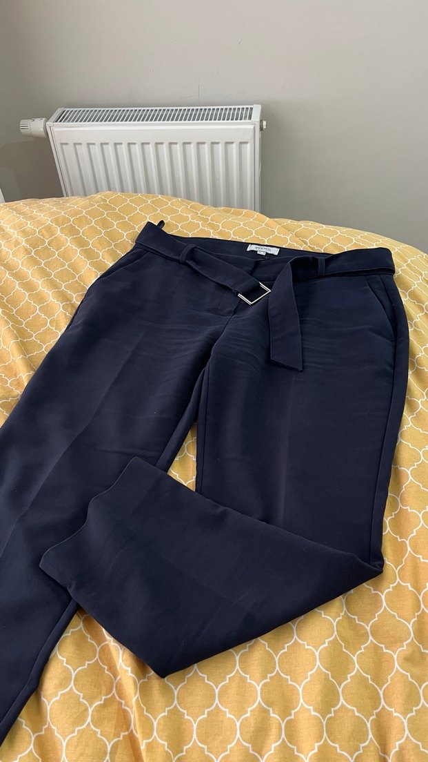 İPEKYOL Kemerli Mavi Kadın Kumaş Pantolon - Görsel 5