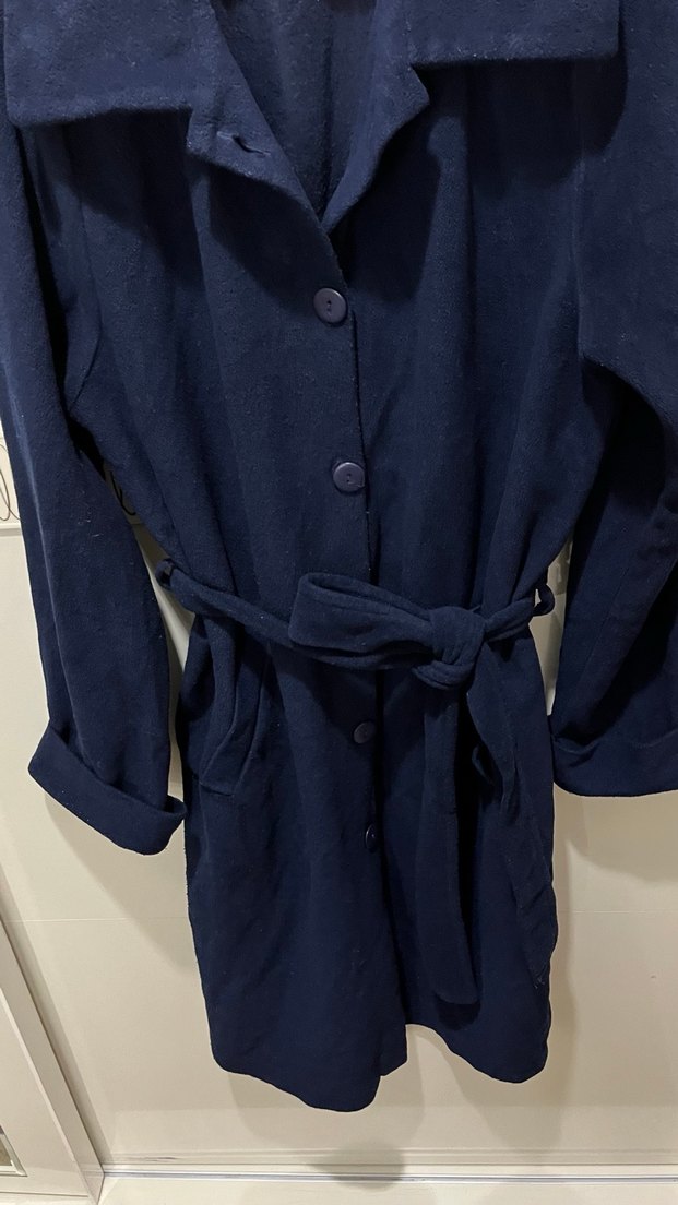 Kemerli Lacivert Midi Kadın Polarlı Ceket - Görsel 5