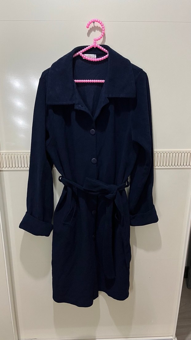 Kemerli Lacivert Midi Kadın Polarlı Ceket - Görsel 2