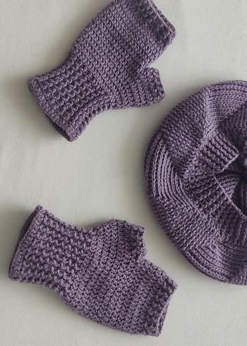 Mor Örgü Parmaksız Kadın Eldiveni ve şapkası - Görsel 2