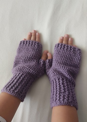 Mor Örgü Parmaksız Kadın Eldiveni ve şapkası - Görsel 4