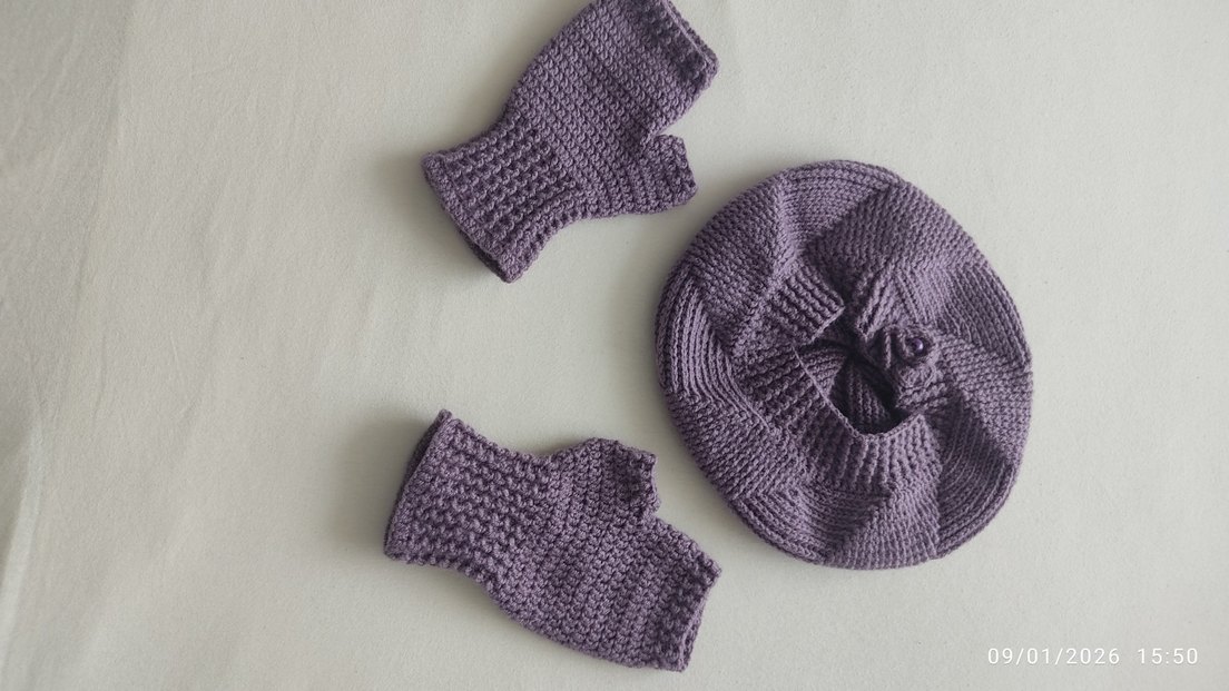 Mor Örgü Parmaksız Kadın Eldiveni ve şapkası - Görsel 2