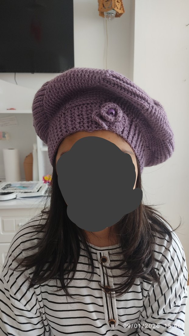 Mor Örgü Parmaksız Kadın Eldiveni ve şapkası - Görsel 5