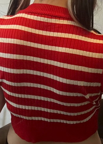 Kırmızı, beyaz Çizgili Kadın Triko crop süveter - Görsel 4