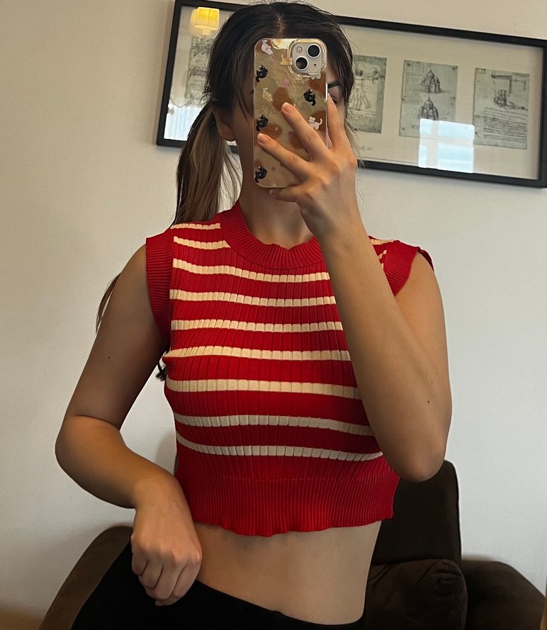 Kırmızı, beyaz Çizgili Kadın Triko crop süveter - Görsel 2