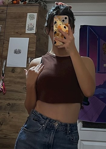 Kahverengi Denim Kadın Crop Top - Görsel 3