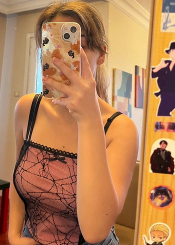 Dantel Detaylı Pembe Örümcek Ağı Desenli İnce Askılı Bustiyer - Görsel 2