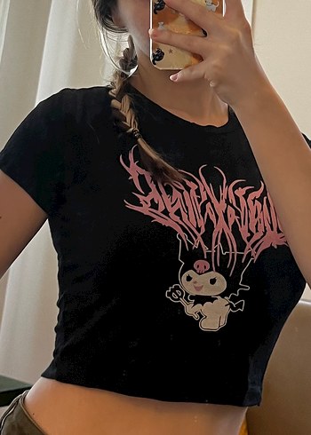 Kadın Siyah Kuromi Baskılı Kısa Kollu Crop Top - Görsel 2