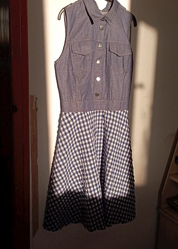 Düğmeli Gri Denim Kareli Midi Elbise