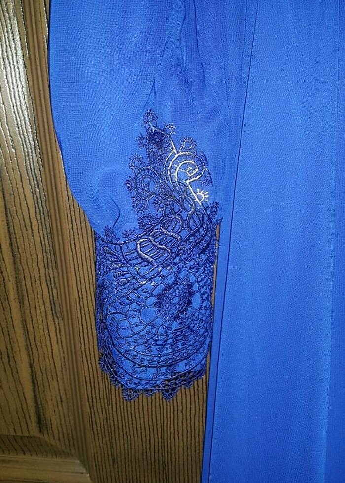 Gold detay uzun saks mavi elbise - Görsel 5