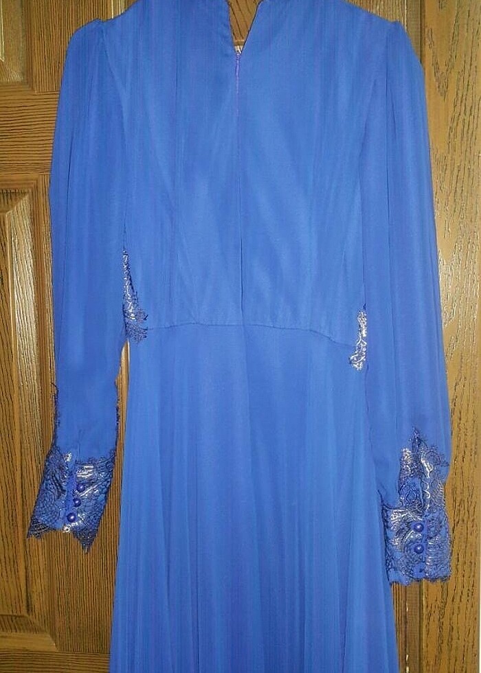 Gold detay uzun saks mavi elbise - Görsel 3