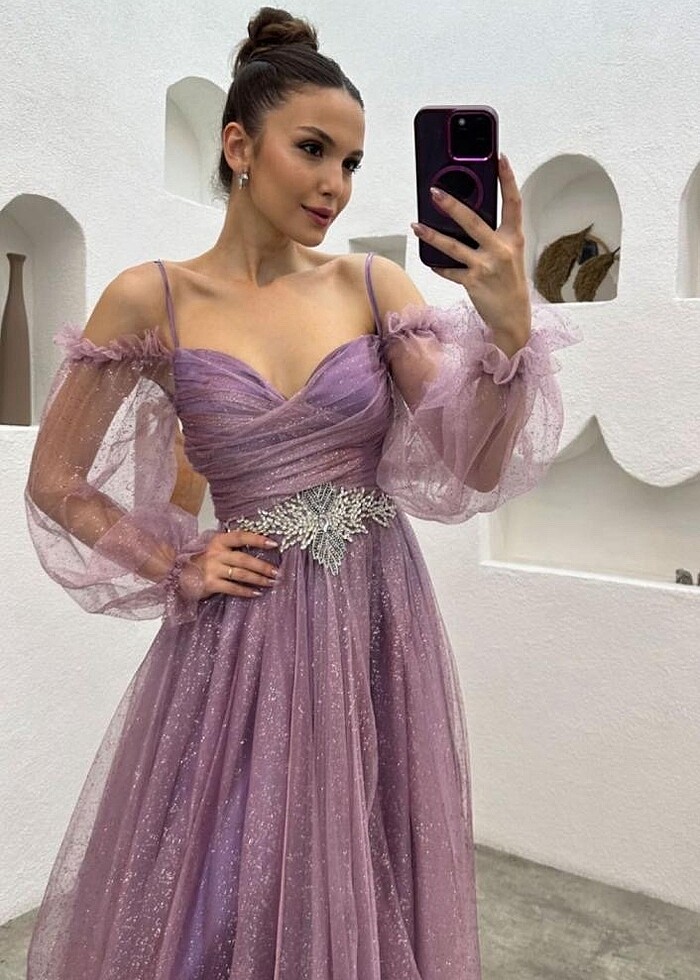 Lila balon kol simli abiye elbise nişanlık - Görsel 2