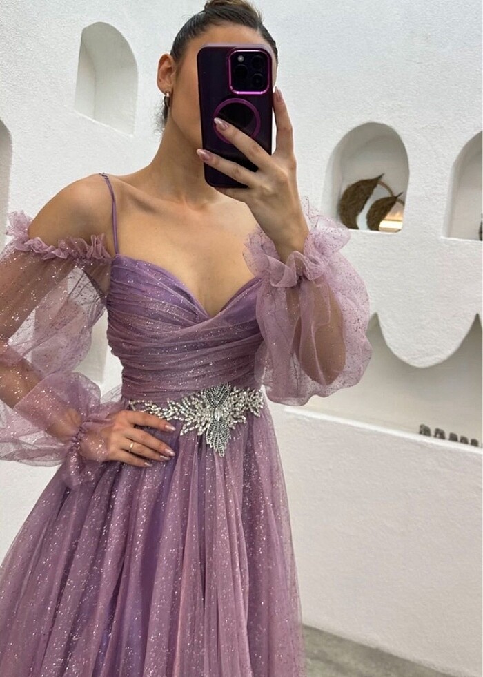 Lila balon kol simli abiye elbise nişanlık - Görsel 3