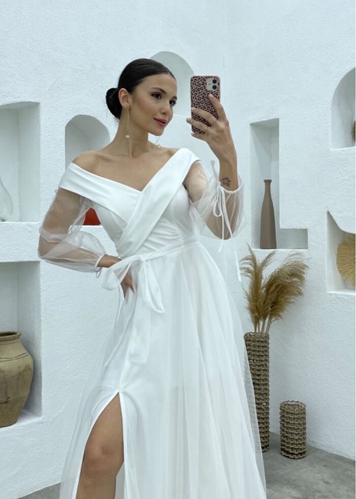 Beyaz yırtmaçlı tül uzun abiye elbise nikah - Görsel 3