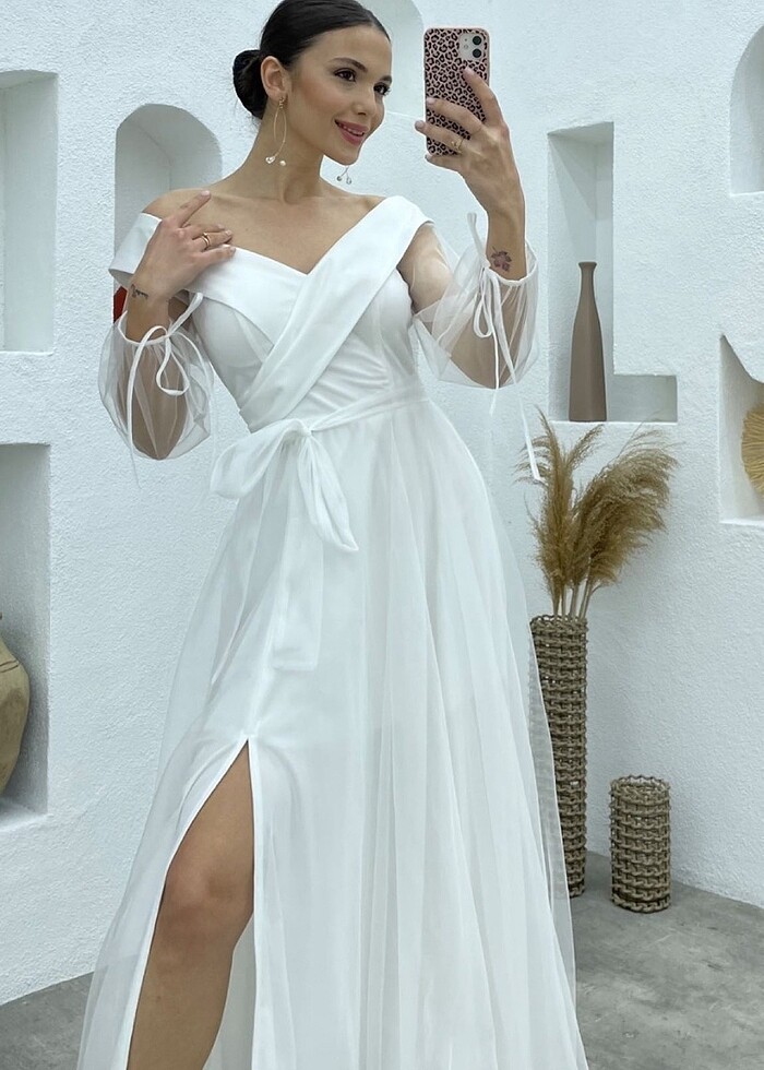Beyaz yırtmaçlı tül uzun abiye elbise nikah - Görsel 2