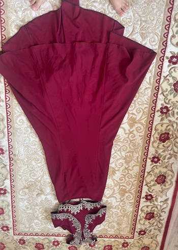 Bordo Drapeli Uzun Kadın Abiye Elbise - Görsel 7