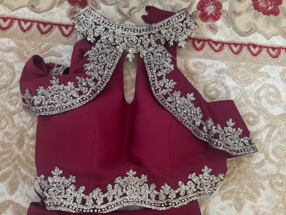 Bordo Drapeli Uzun Kadın Abiye Elbise - Görsel 5