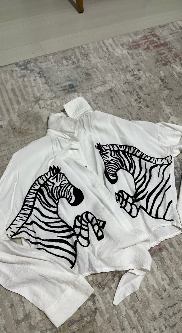 Zebra Desenli Beyaz Keten Gömlek - Görsel 2