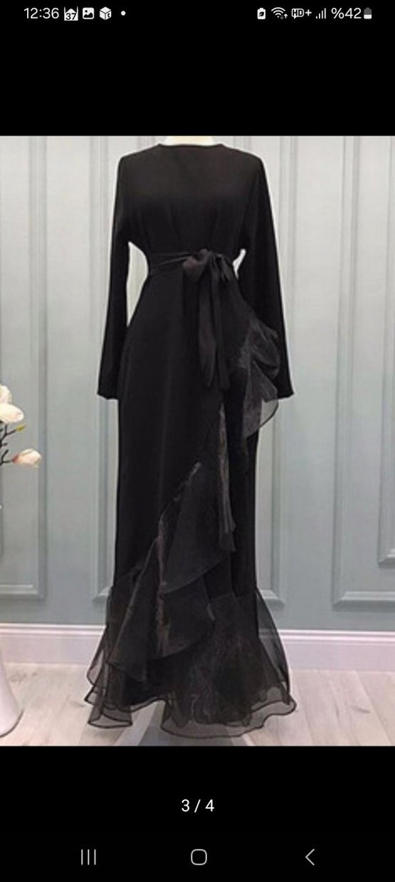 Uzun Siyah Fırfırlı Drapeli Tüllü Elbise - Görsel 3