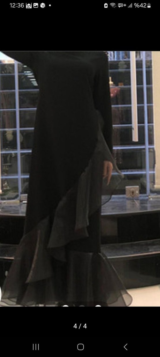 Uzun Siyah Fırfırlı Drapeli Tüllü Elbise - Görsel 4