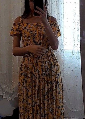 Sarı Bohem Piliseli Midi Elbise