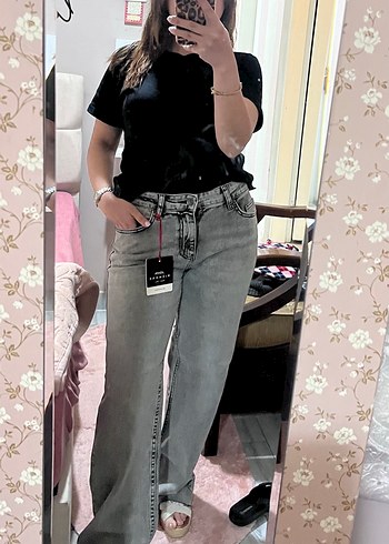 Zara Gri Bagcikli Regular Fit Kadin Denim Pantolon