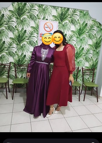 Mor Uzun Kollu Kadın Abiye Elbise