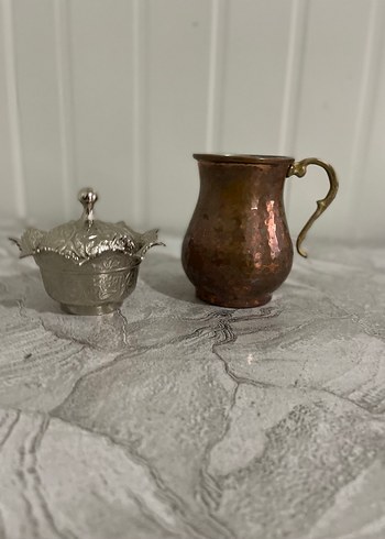Bakır Kahve Fincanı ve İşlemeli Gümüş Şekerlik - Görsel 3