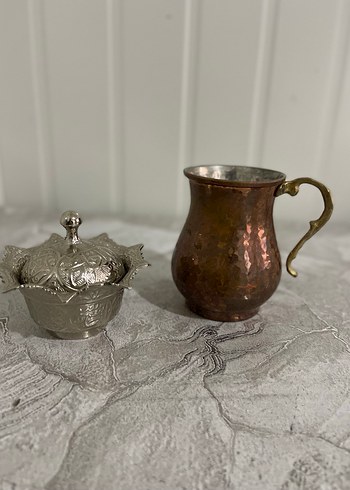 Bakır Kahve Fincanı ve İşlemeli Gümüş Şekerlik - Görsel 2