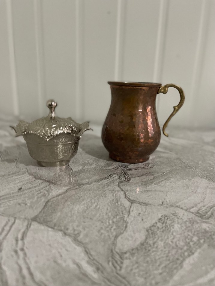 Bakır Kahve Fincanı ve İşlemeli Gümüş Şekerlik - Görsel 3