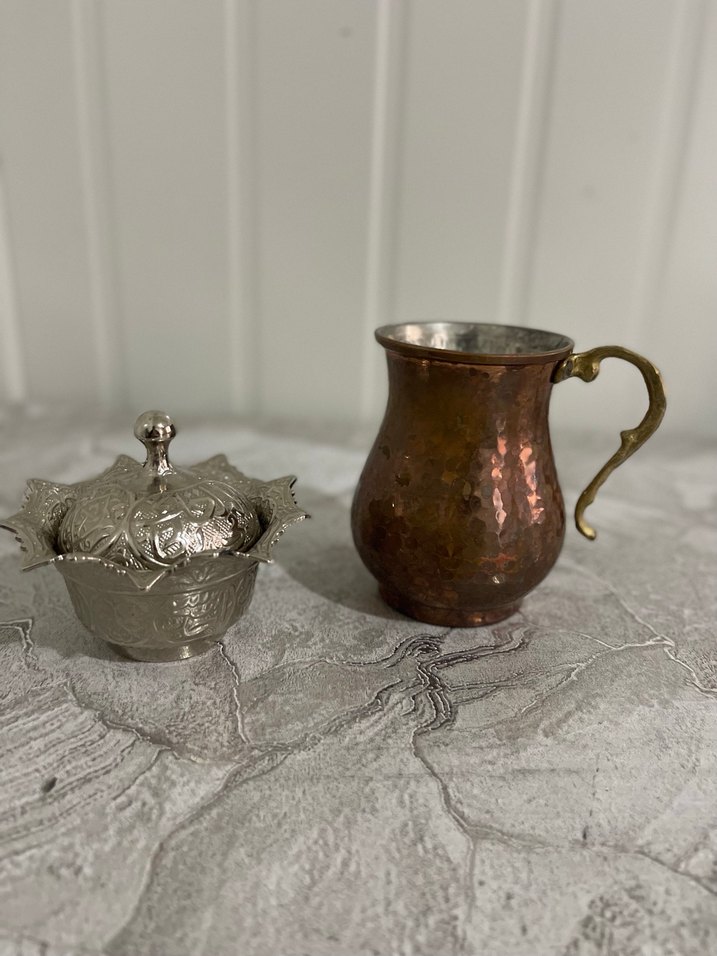 Bakır Kahve Fincanı ve İşlemeli Gümüş Şekerlik - Görsel 2