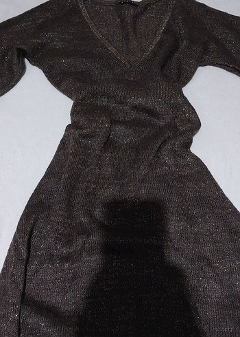 Parlak kahverengi V Yakalı Kemerli Elbise - Görsel 6