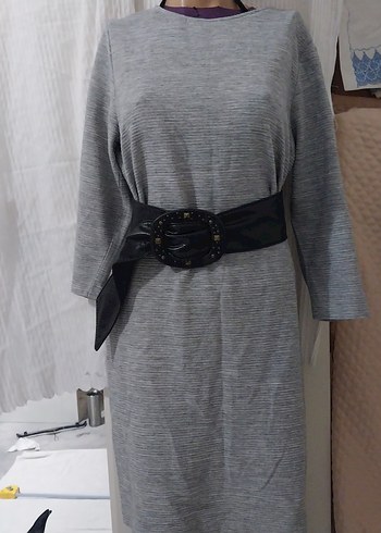 Gri Midi Örme Kadın Elbise - Görsel 9