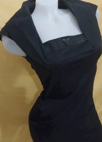 Siyah Midi V Yaka Kolsuz Ofis Elbisesi - Görsel 2