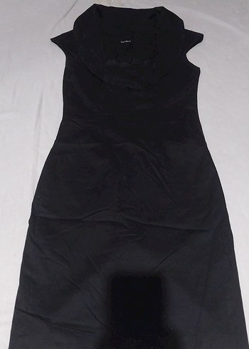 Siyah Midi V Yaka Kolsuz Ofis Elbisesi - Görsel 5